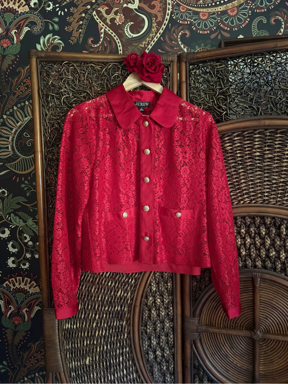 J.Crew NWT Red Lace Button Front Jacket with Matching Slip Cami | Size Medium - Picture 2 of 7